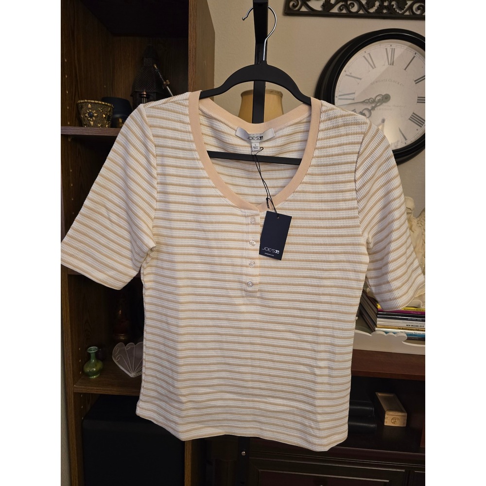 Joe's Jeans Waffle Knit Henley Top Striped Short Sleeve Cream Tan Size Large - Picture 2 of 7